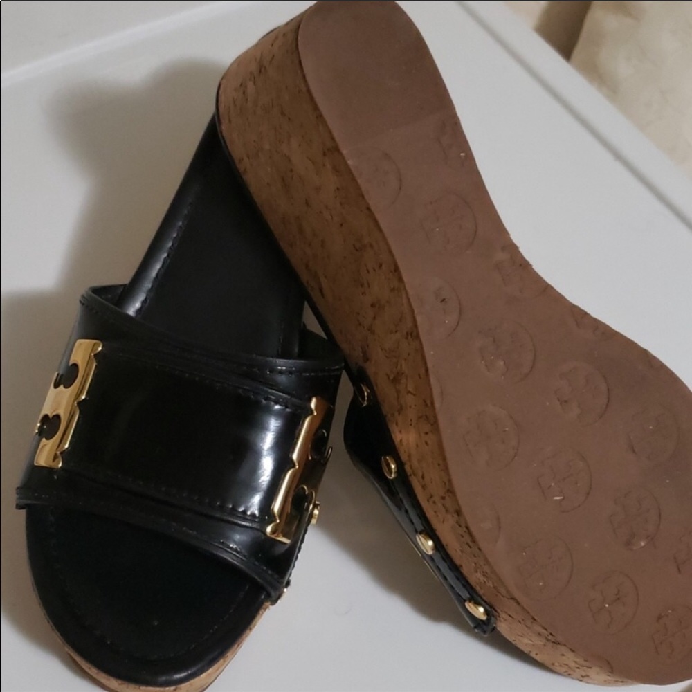 Tory Burch black patient cork wedge slide 8.5